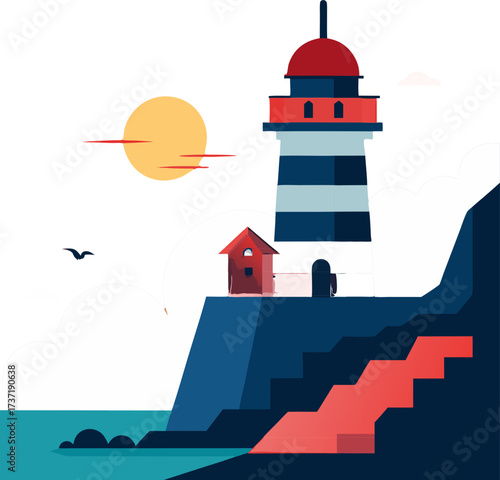 A premium flat vector of a lighthouse on coastal cliffs at golden hour, capturing dramatic light on sea and stone. Great for travel, coastal design, maritime, and editorial uses.
