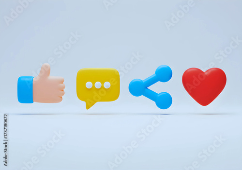 Social media icon set 3d style. Social media thumbs, comment, share and love.