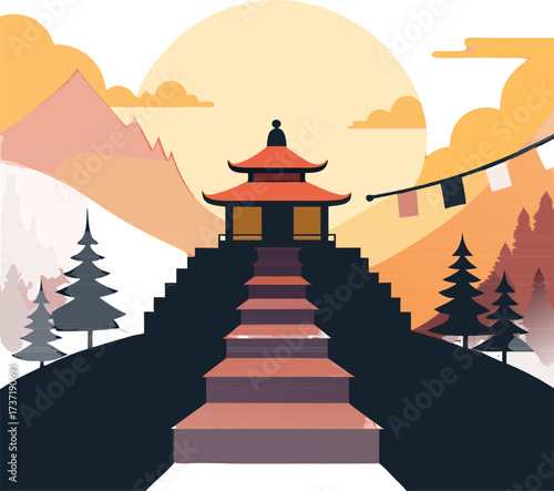 Premium flat vector of a hilltop sanctuary at sunrise with winding steps and pine groves, evoking quiet spirituality and scenic vistas. Great for travel, culture, wellness, and editorial projects.
