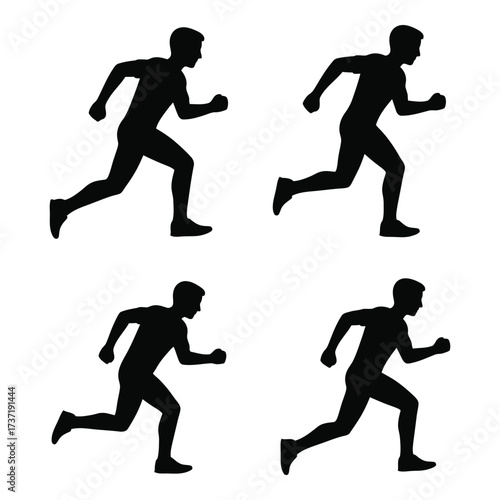 Four silhouette athletes running dynamic motion sequence training fitness sports people figures art silhouette
