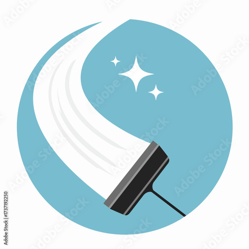 Dynamic graphic illustration of a squeegee actively cleaning a surface, leaving a brilliant, sparkling streak of freshness, ideal for cleanliness and hygiene services
