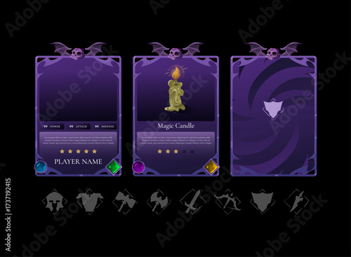 Fantasy trading card template pack, gothic skull and bat wing frame. Halloween dark RPG TCG UI design. Editable player stats, magic candle item card, back design with swirl pattern.