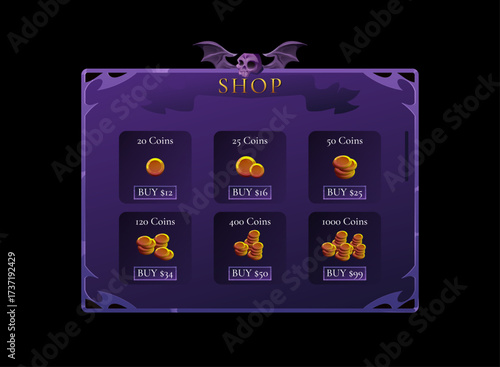 Halloween gothic shop UI screen with gold coin purchase menu. Dark fantasy RPG mobile game store interface with skull bat banner, purple frame, coin packs, and in-app purchase buttons.