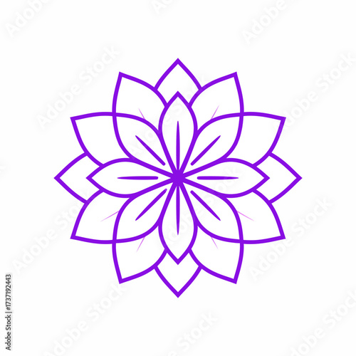 Minimalist purple lotus flower icon in a geometric mandala style. A line art symbol representing wellness, spirituality, and harmony for yoga and spa concepts