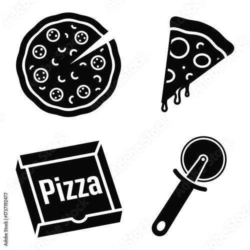 Pizza icons set featuring whole pie slice box and cutter for food service and delivery promotions silhouette