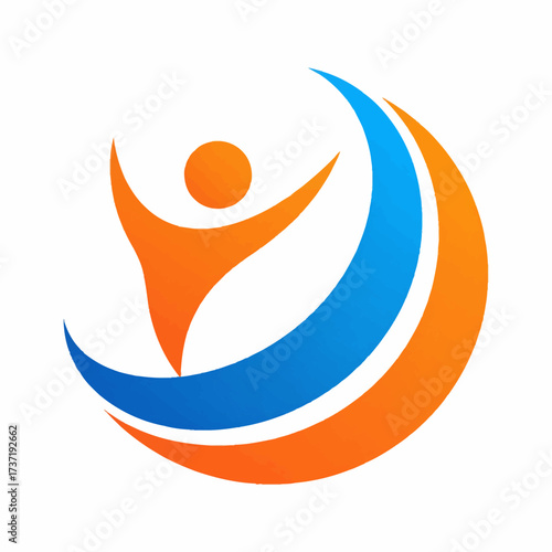 A vibrant and dynamic symbol of a joyful person celebrating growth and achievement, embraced by abstract blue and orange swooshes representing progress and well-being