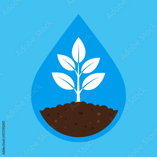 A white plant seedling growing from brown soil within a large, clear water drop against a bright blue background