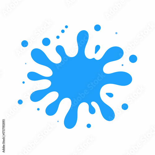 A vibrant blue liquid splash icon with dynamic drops, representing a paint splatter or water burst. Isolated vector graphic element for creative design concepts