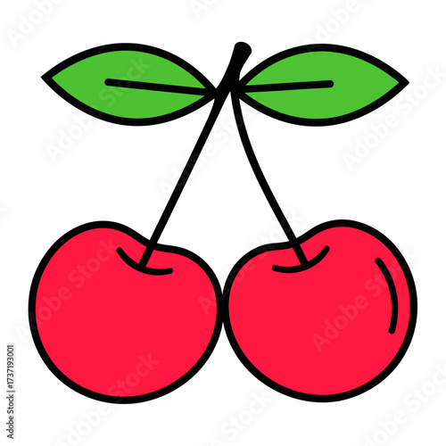 A vibrant, cartoon-style illustration of two ripe red cherries with green stems and leaves, presented on a plain white background, symbolizing freshness and simple fruity goodness