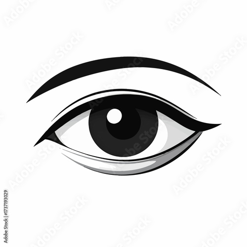 Elegant black and white illustration of a human eye with an arched eyebrow, a minimalist icon representing vision, sight, and beauty