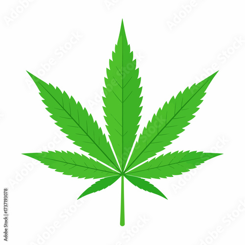 A single vibrant green cannabis leaf illustration isolated on a white background. A flat vector design representing a marijuana plant symbol