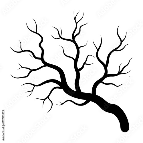 A spooky black silhouette of a gnarled, bare tree branch, perfect for Halloween or winter designs, isolated on a white background