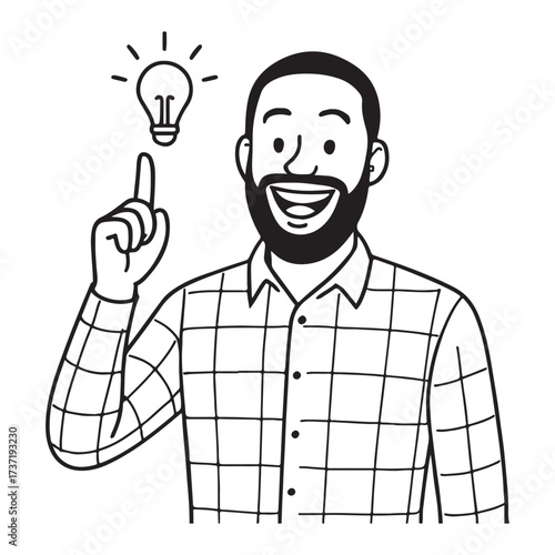 Man with beard and idea light bulb pointing upwards with finger.