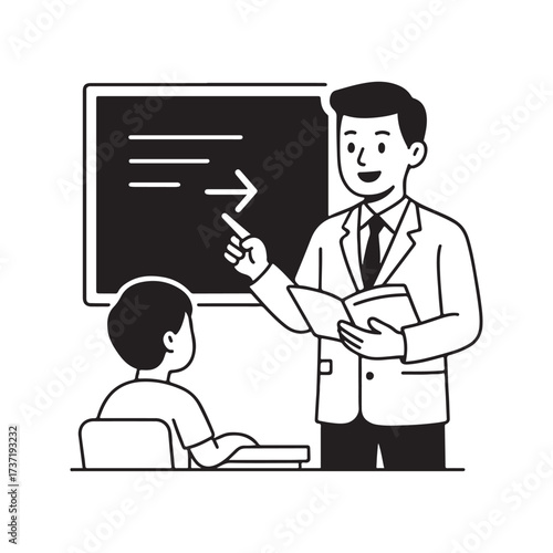 Teacher Explaining Lesson to Student in Classroom with Blackboard.
