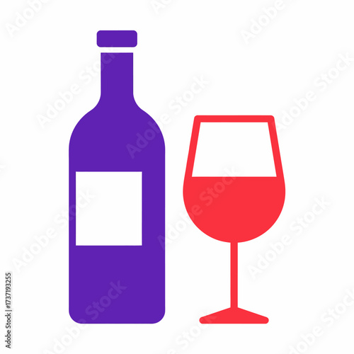 Minimalist vector icon of a purple wine bottle and a glass of red wine. Simple graphic illustration isolated on a white background for menus, bars, or winery branding