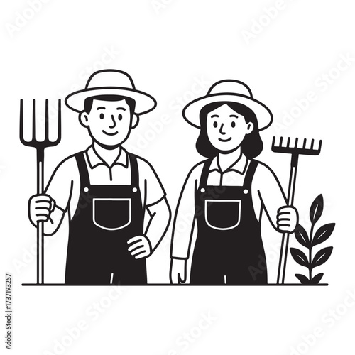 Black and white line art illustration of a farmer couple.