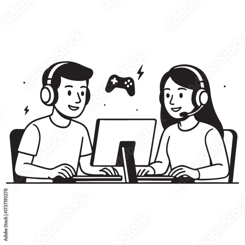 Two young people wearing headphones playing video games on a computer.