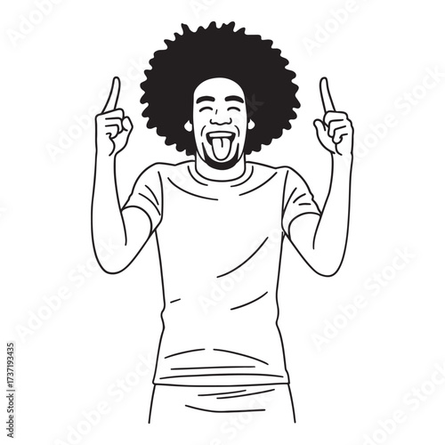 Joyful man with a large afro hairstyle pointing upwards.