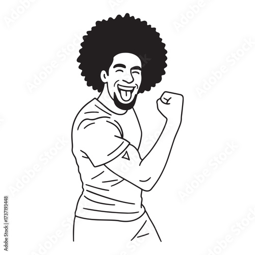 Joyful man celebrates success with raised fist and beaming smile of happiness.