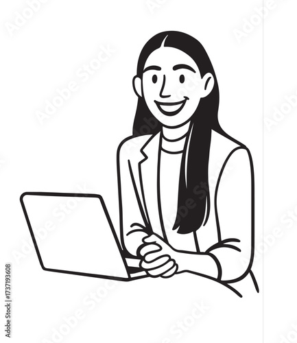 Smiling Businesswoman Working on Her Laptop Illustration.
