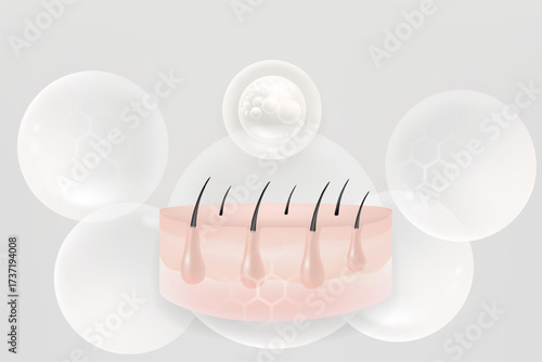 Hyaluronic acid and Niacinamide hair and skin solutions ad, white collagen serum drops into skin cell with cosmetic advertising background ready to use, illustration vector.	