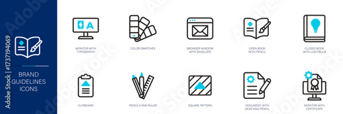 Brand Guidelines Blue Colored Outline Icon Set