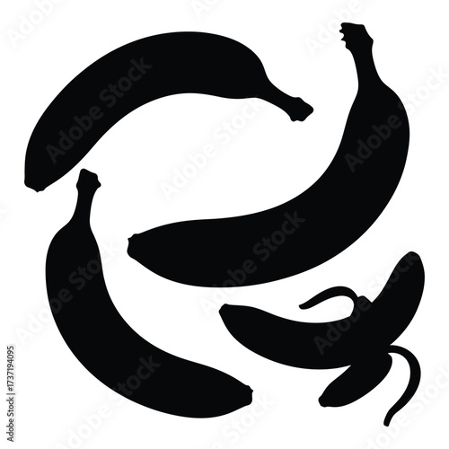 Silhouettes of four bananas one partially peeled arranged in a circular pattern for design elements silhouette