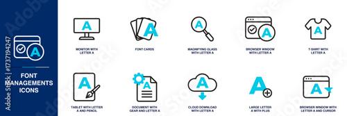 Font Management Blue Colored Outline Icon Set