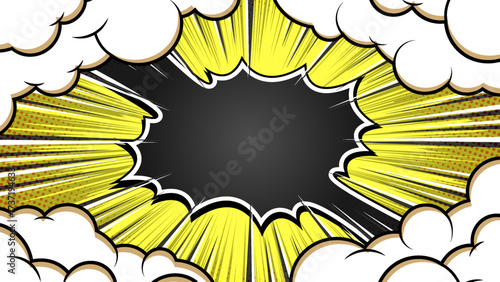 Comic book cartoon with yellow green background. Cartoon puff cloud comic background with black bubble text. Pop art funny smoke steam. 