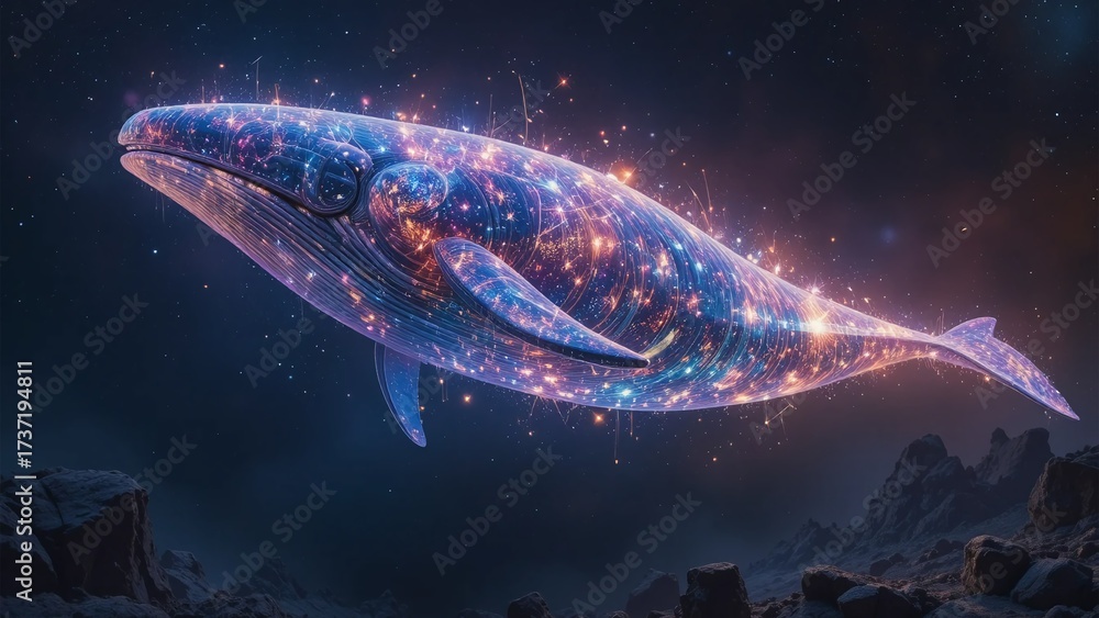 Fototapeta premium A radiant cosmic whale of starlight drifting across a galaxy sea