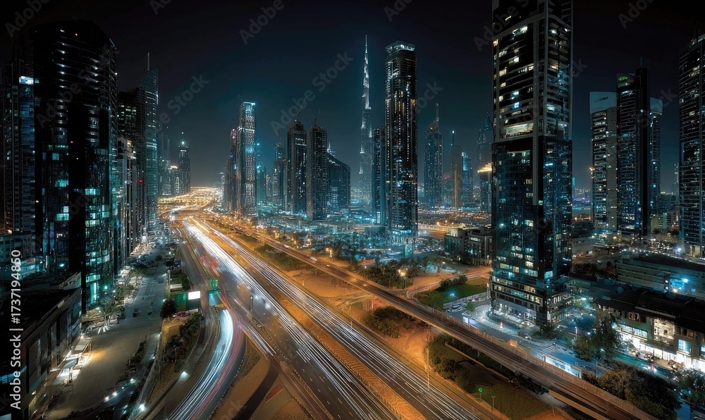 Naklejka premium Night cityscape with illuminated skyscrapers and traffic trails