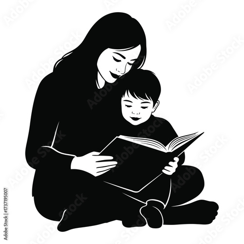 Mother and child reading a book together embracing warmth and learning family bonding storytime silhouette
