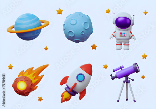 Space icon set. Space objects, astronaut, stars, telescope, rocket, and more. Isolated 3d icons, objects on a white background