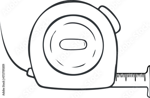 Simple black and white line art illustration of a retractable tape measure, an indispensable tool for accurate length measurements in various DIY projects, construction, and crafting endeavors