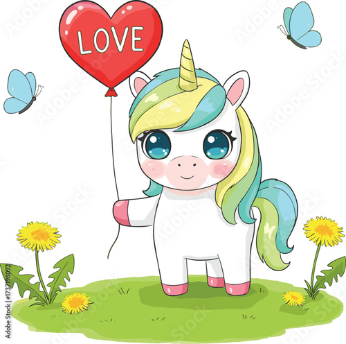Cute cartoon unicorn holding heart love balloon, kawaii fantasy pony illustration, adorable magical animal art with butterflies and flowers background