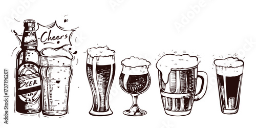Vintage Hand-Drawn Beer Collection – Mugs, Bottles, Hops & Oktoberfest Elements