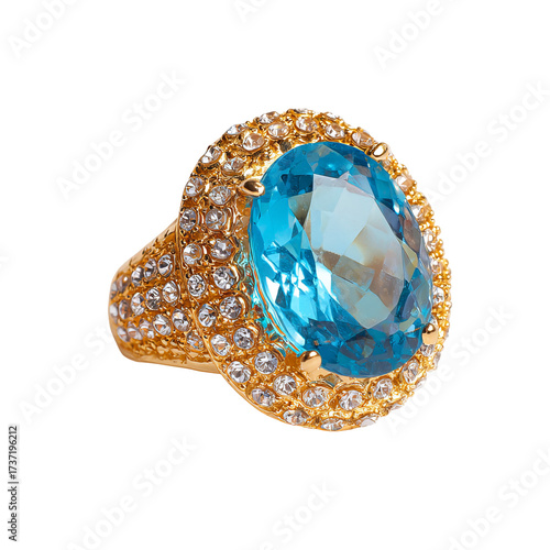 Gold ring with large, light-blue gemstone, studded with small crystals