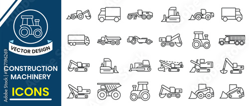 Construction Machinery icon. Line icon of construction machinery vector such as bulldozer, crane, truck and dump truck, tools, helmet, and gear. Vector illustration.