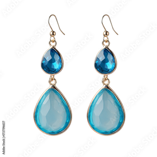 Pair of dangle earrings featuring two teardrop-shaped gemstones, one light blue, one darker blue, on gold-toned hooks