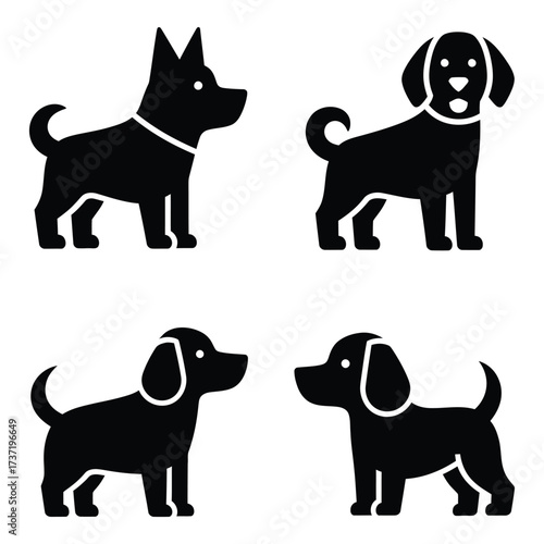 Collection of four silhouette dog icons representing different breeds and poses for design projects silhouette