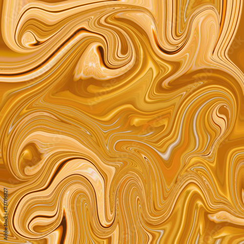 Flowing golden marble swirl with fluid texture, abstract waves forming a luxurious background. Golden keywords: abstract, golden, marble, swirl, background