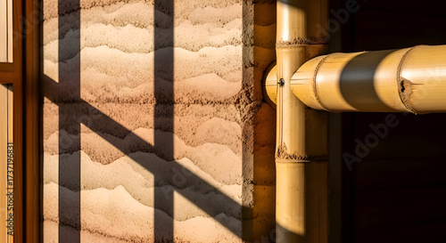 Architectural Detail of Rammed Earth Wall and Bamboo Beam