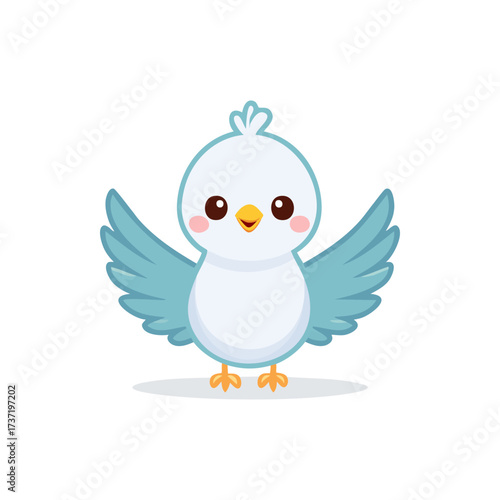 Cute cartoon bird with light blue and white feathers spreading its wings, isolated on white.