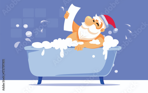 Santa Relaxing in Bathtub and Reading a Letter Vector Illustration. Cheerful Santa Claus getting ready to deliver gifts pampering himself 

