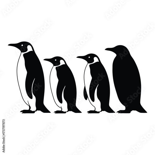 Four black and white emperor penguins standing in a row with one larger penguin silhouette
