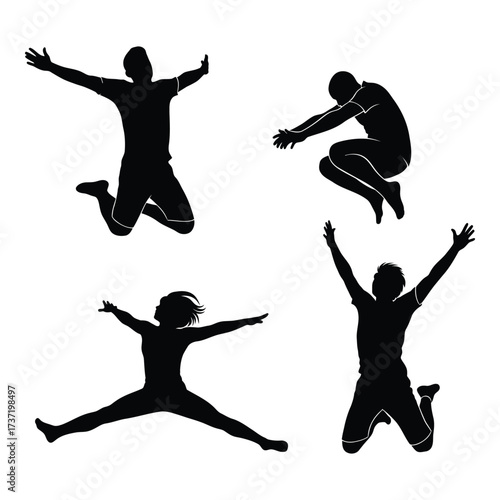 Dynamic silhouettes of people jumping in joyful exuberance four action poses representing freedom and celebration silhouette