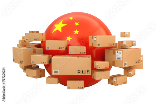 Global shipping success with China flag and many packages ready for delivery