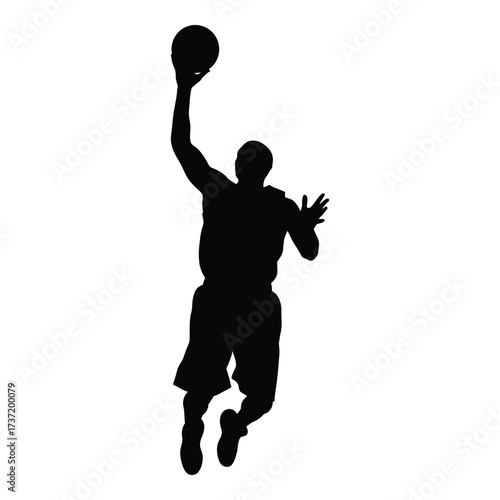 Silhouette of a male basketball player mid-jump shooting the ball athletic action sports dynamic pose silhouette
