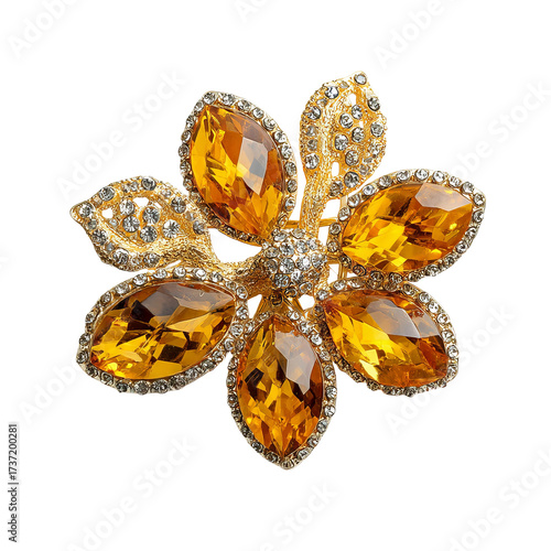 Golden, amber flower brooch, detailed