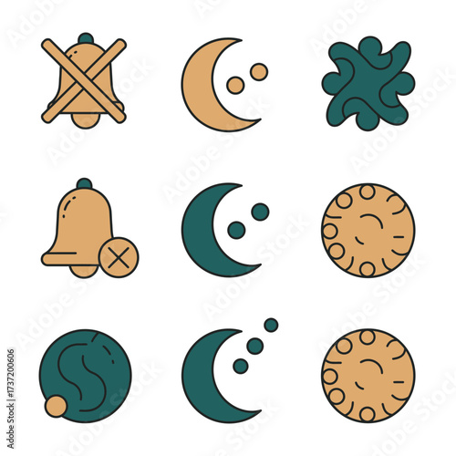 A modern collection of flat line art icons featuring notification bells, crescent moons, and abstract shapes, perfect for digital user interface design.